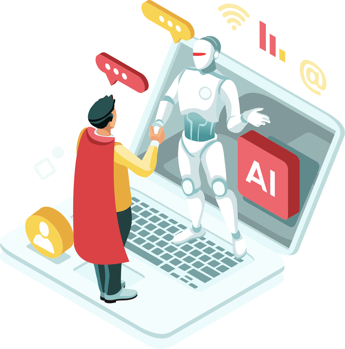 A recruiter shaking hands with an AI robot stepping out of a laptop screen