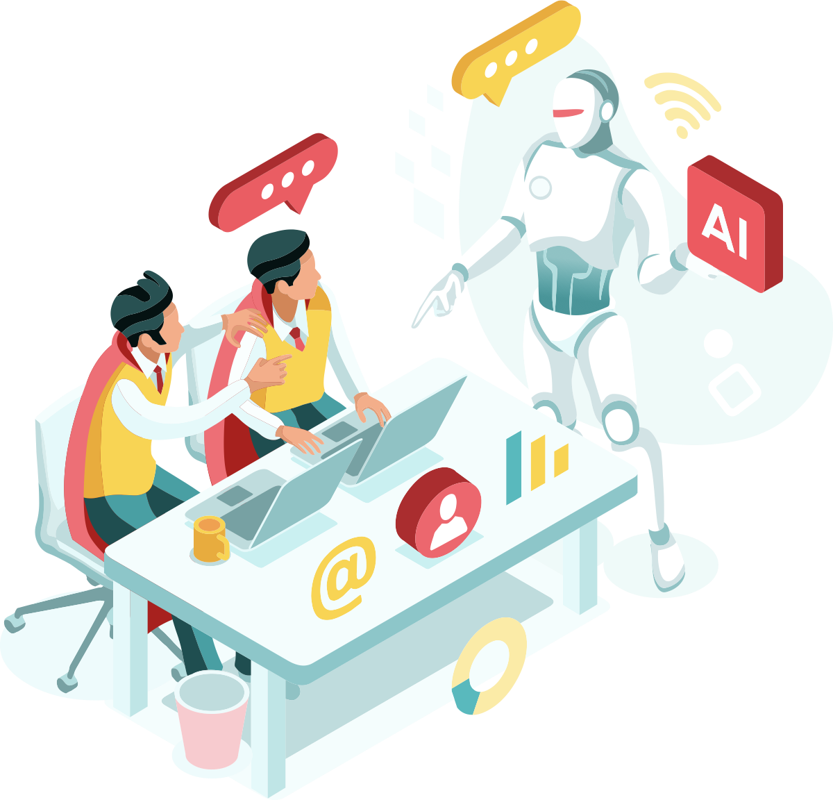 Two recruiters at a desk working alongside an AI assistant