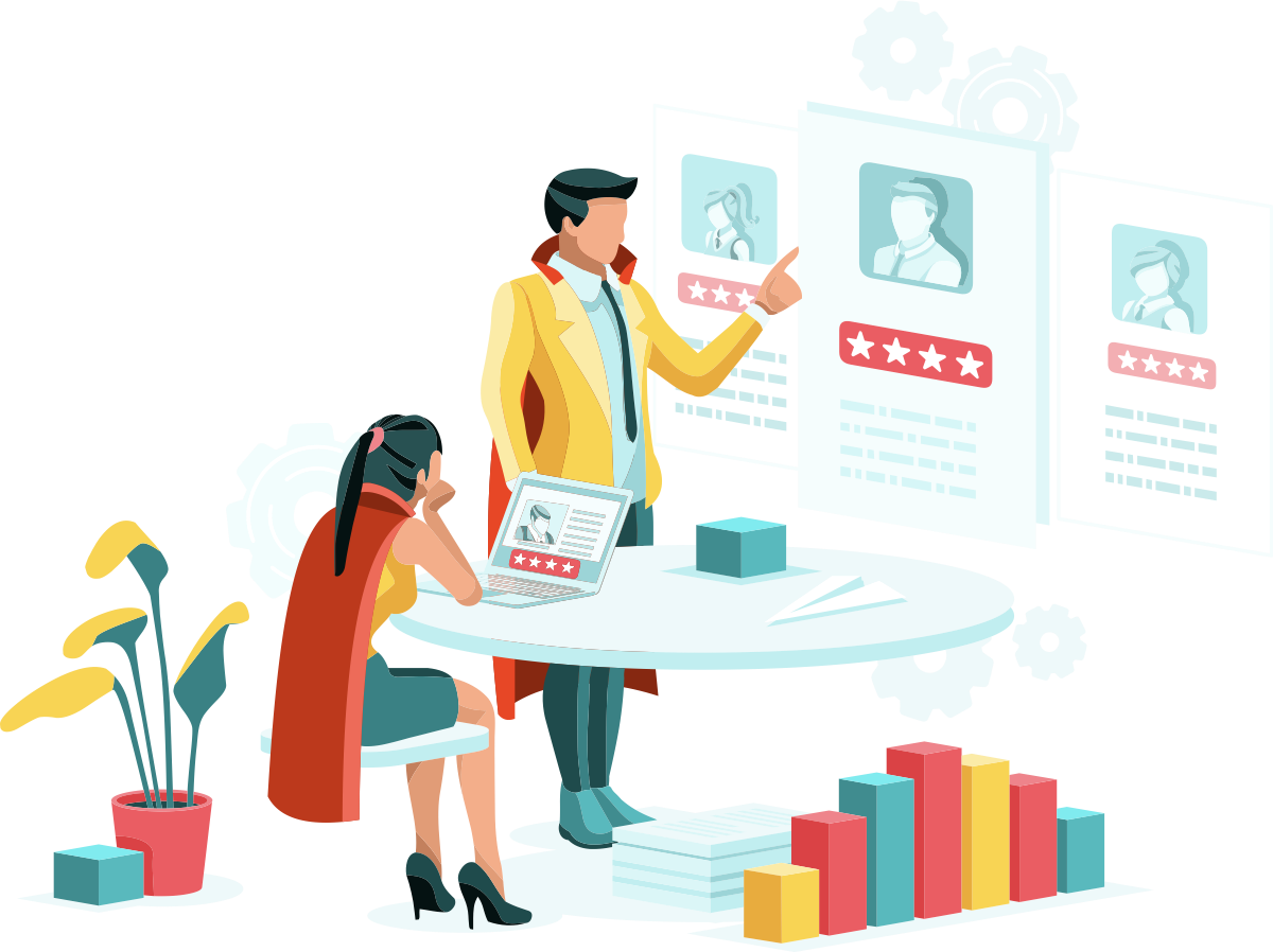 A hiring manager reviewing rated candidate profiles with a colleague